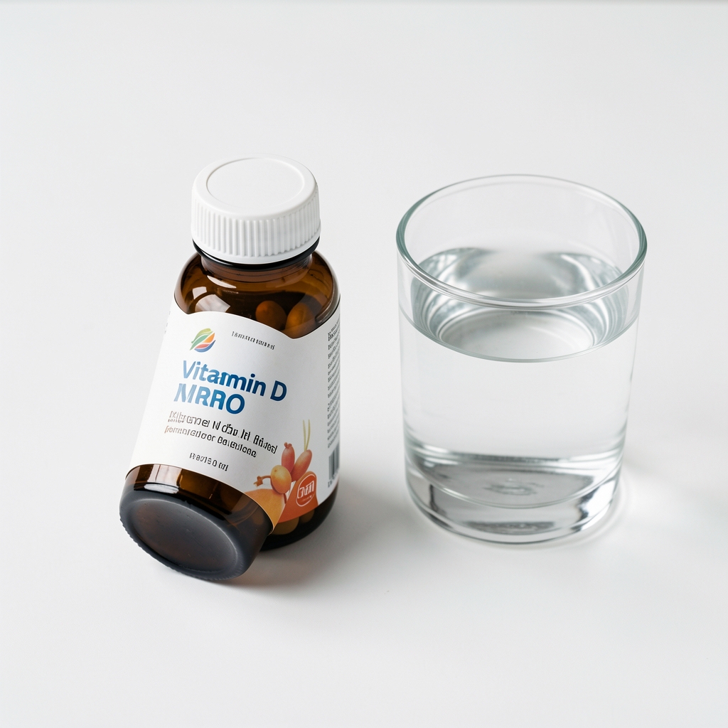 Close-up of vitamin D supplement bottle and glass of water on a white surface, clean editorial flat lay
