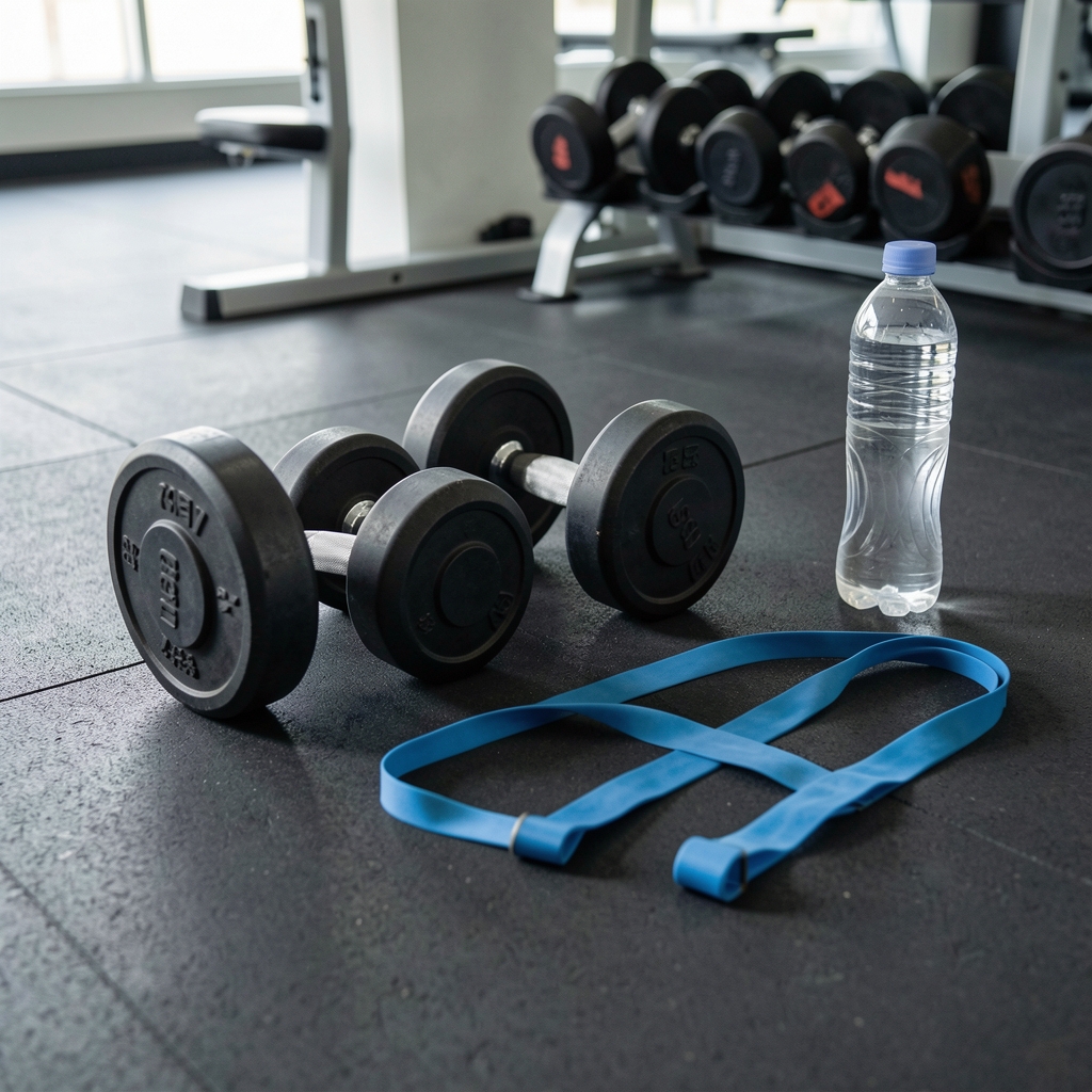 Weights and a resistance band on a gym floor with water bottle nearby, natural editorial light